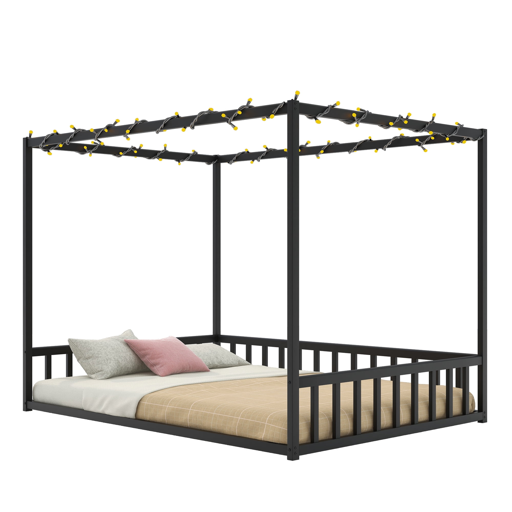 Mintazer Full Size Kids Sunshade Floor Bed Frame with Guardrails, Canopy Floor Bed for Low Profile, Black
