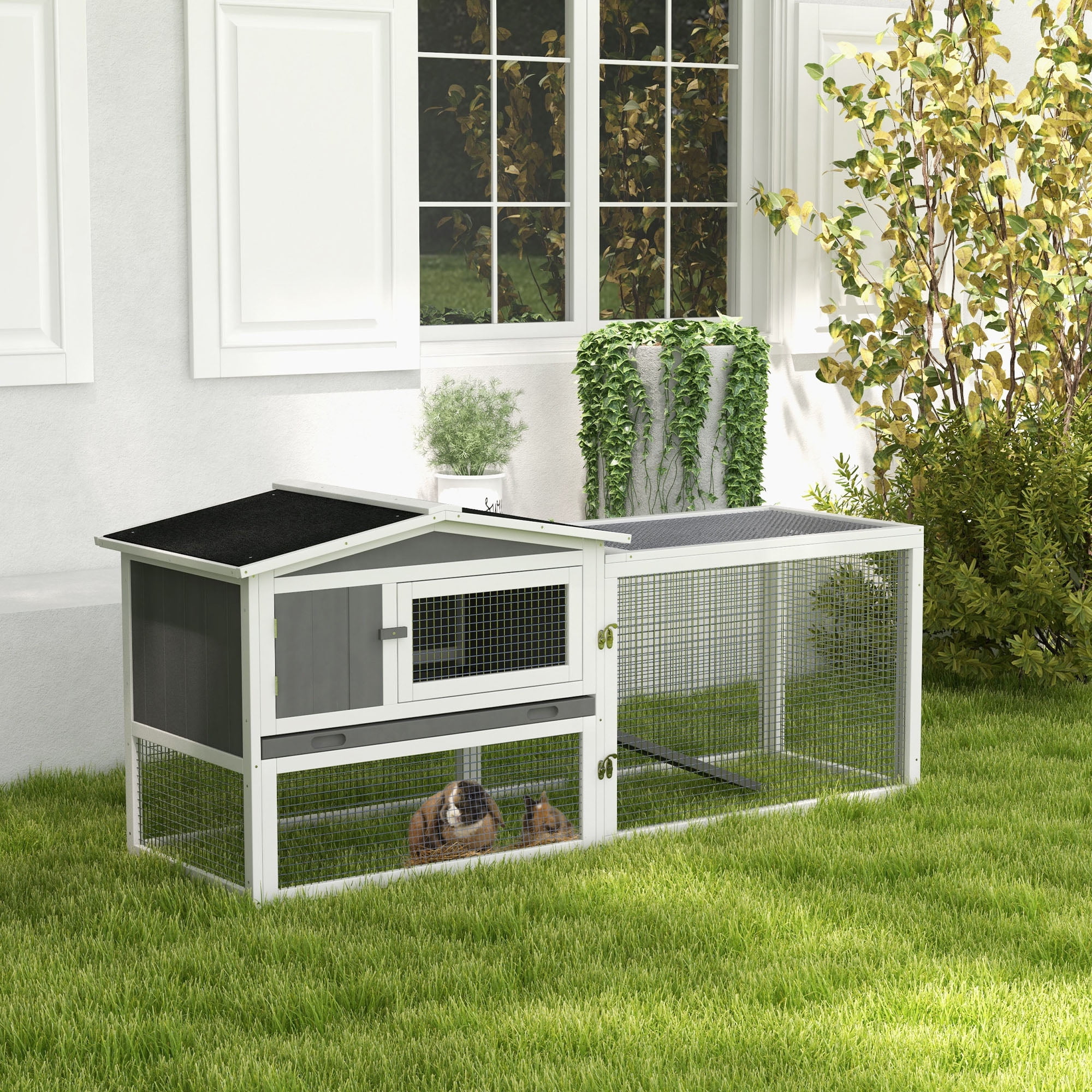 Rabbit Hutch 2-Story Bunny Cage Small Animal House with Slide Out Tray, Detachable Run, for Indoor Outdoor, 61.5" x 23" x 27", Light Gray