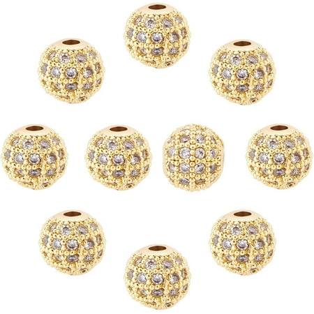 10 Pcs 8mm Golden Cubic Zirconia Brass Beads Clear Gemstones Cubic Zirconia CZ Stones Micro Pave Setting Disco Ball Spacer Round Beads for Bracelet Jewelry Making