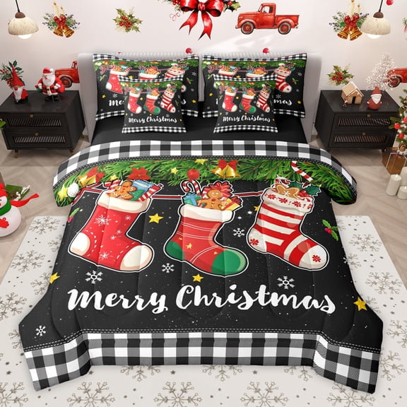Homewish Merry Christmas 7-Piece Twin Bedding Sets,Cute Xmas Stocking 7-Piece Bedding Comforter Set,White Black Plaid Grid Sheet Sets For Girls Teens,Super Cozy Room Decor Reversible
