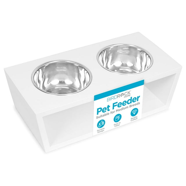 INTERNET'S BEST Mangeoire Surélevée Moderne pour Animaux - Support Double avec Bols en Acier Inoxydable - Support pour Nourriture et Eau pour Chiens - Adapté aux Races Moyennes - Plateau d'Alimentation pour Chiens, Chats - 2 Bols - Blanc