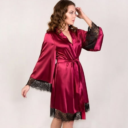 

Womens Silky Robes Lightweight Kimono Soft Nightgown Short Spa & Bridesmaids Getting Ready Dressing Gown Wine L