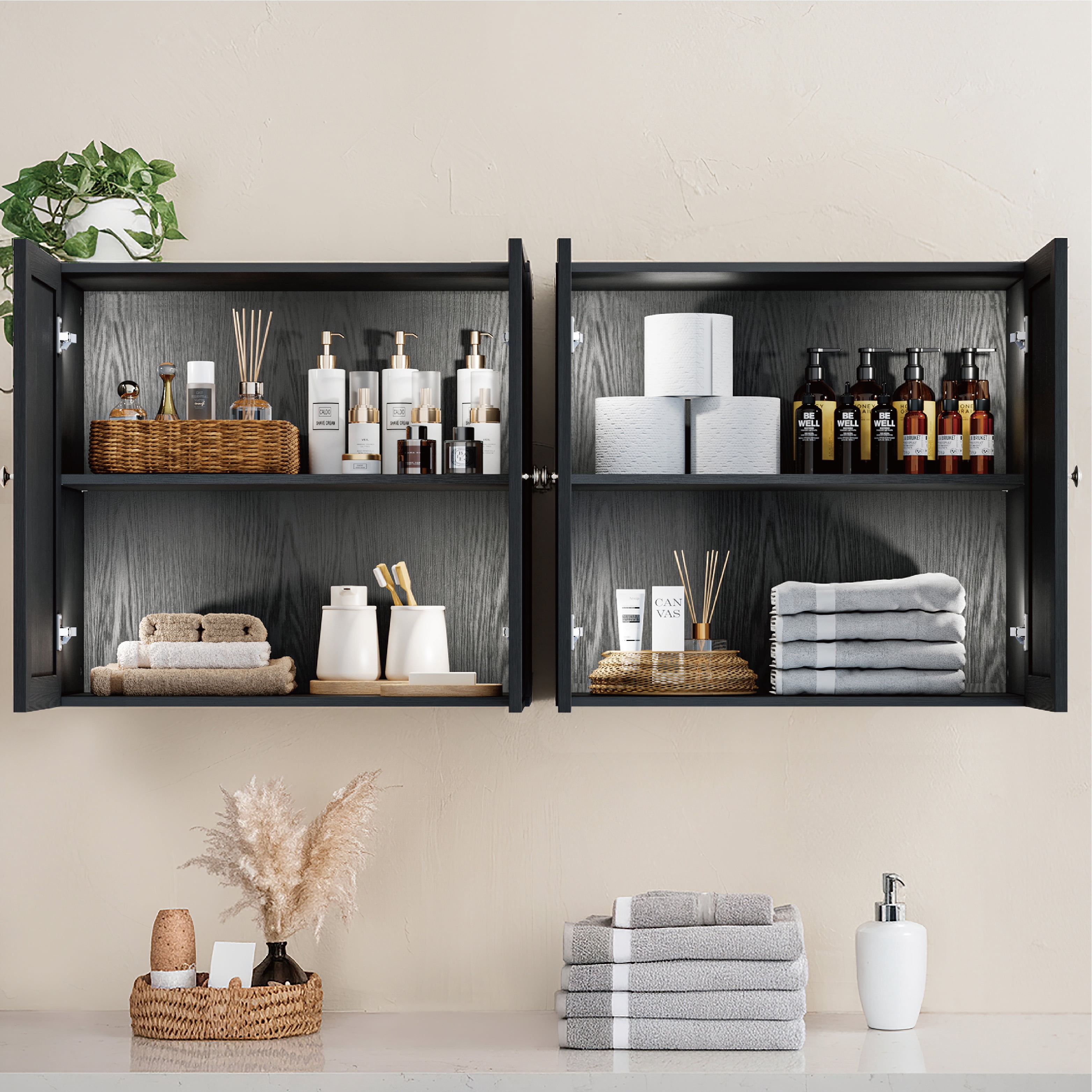 24"W Rattan Laundry Room Cabinets with Lights, Bathroom Cabinets Wall Mounted with Adjustable Shelves, Wall Cabinet for Bathroom/Kitchen/Bedroom (2PCS, Black)