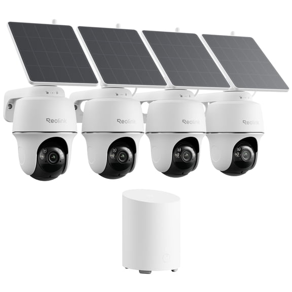 Reolink Argus PT 2K WiFi Solar Security Camera System, 4-Pack, Auto Tracking, AI Detection, Home Hub Mini