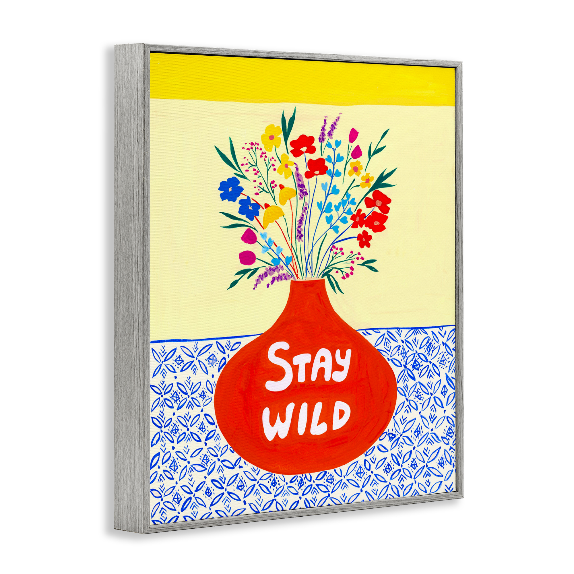 Stay Wild Midcentury Flowers Gray Framed Giclee Art, design by Nabeela Rumi
