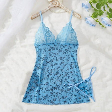 uublik Comfy Sets for Women Clothing Valentine s Day Lace Dress Mesh Chemise Nightgown Sleepwear with Panty Blue M