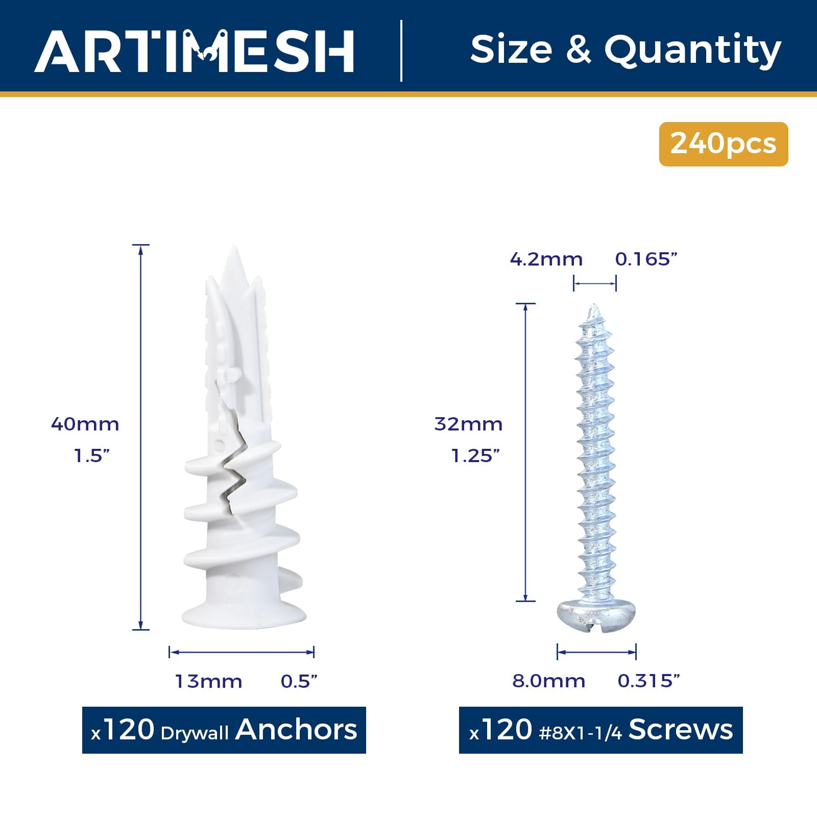 8# 100PCs Self Drilling Drywall Anchors Kit - 75LBs Heavy Duty Plastic Drywall Hangers with 50 Self-Tapping Screws - Mounting Hardware for Sheetrock Anchors