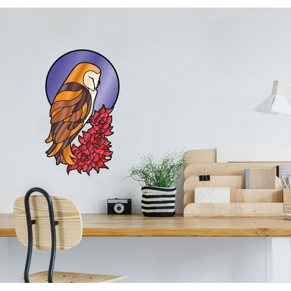 Elegant Owl Owls Flower Vinyl Stained Glass Film Static Cling Window Waterproof Decal for Girls Boys Kids Room Bedroom Nursery House Fun Home Decor Stickers Wall Art Vinyl Decoration (20x15 inch)