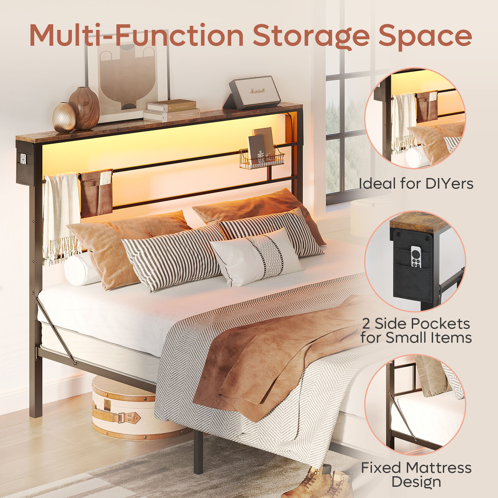 Bestier Queen Bed Frame with LED Storage Headboard photo 2