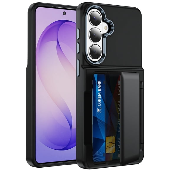 Dteck Hidden Wallet Back Case for Samsung Galaxy S24,Shockproof TPU PC Case with Credit Card Slot RFID Blocking Kickstand Cover,Black