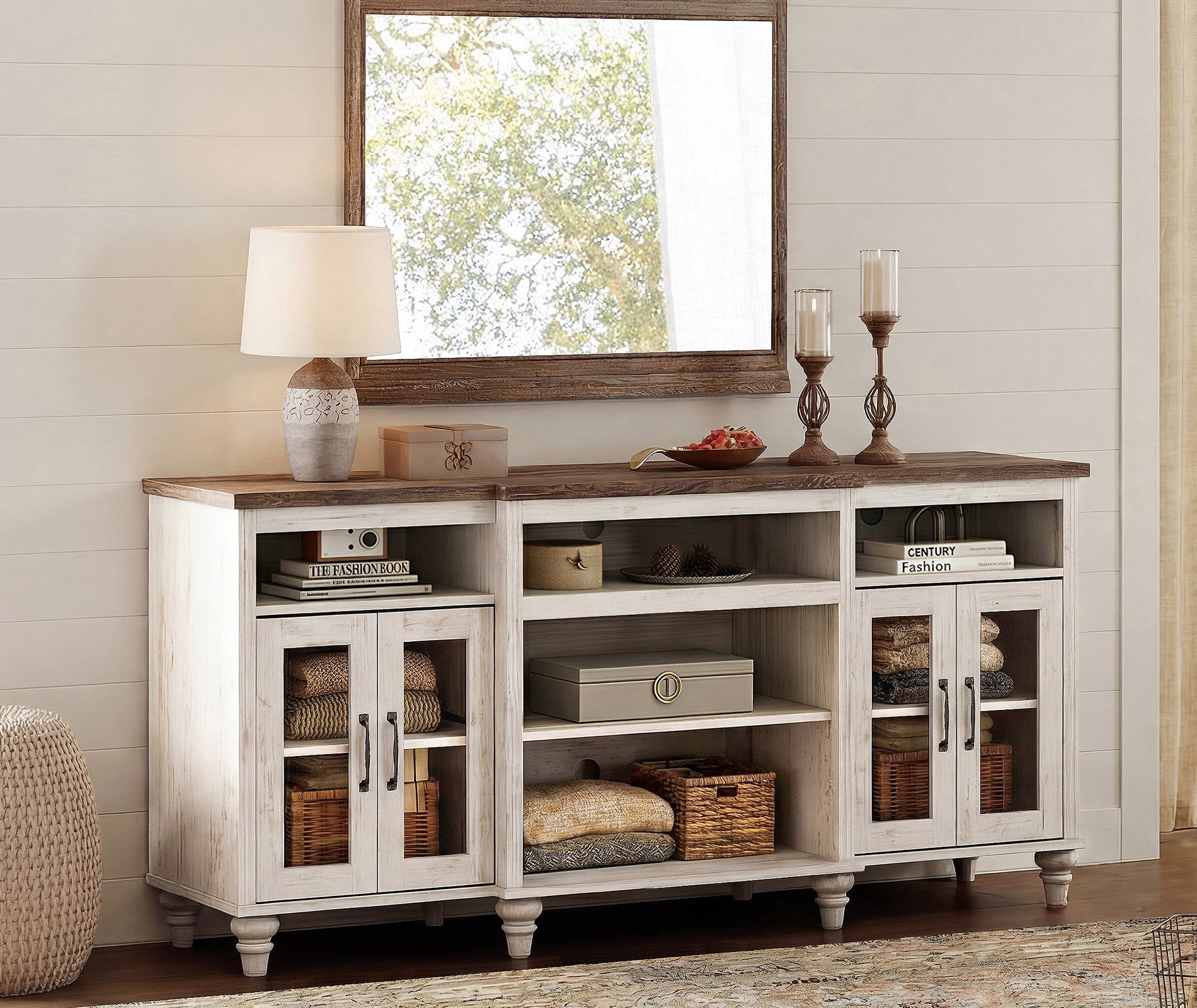 Farmhouse TV Stand for TVs Up to 75 inch, 4-Door Glass and Wood Universal TV Console with 9 Storage Cabinets, Entertainment Center Table for Living Room Bedroom, Rustic White
