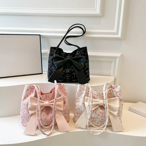 Bolso de hombro de lona de mujer con lazo - correa ajustable, bolsa espaciosa para uso diario y viajes en rosa, negro y blanco