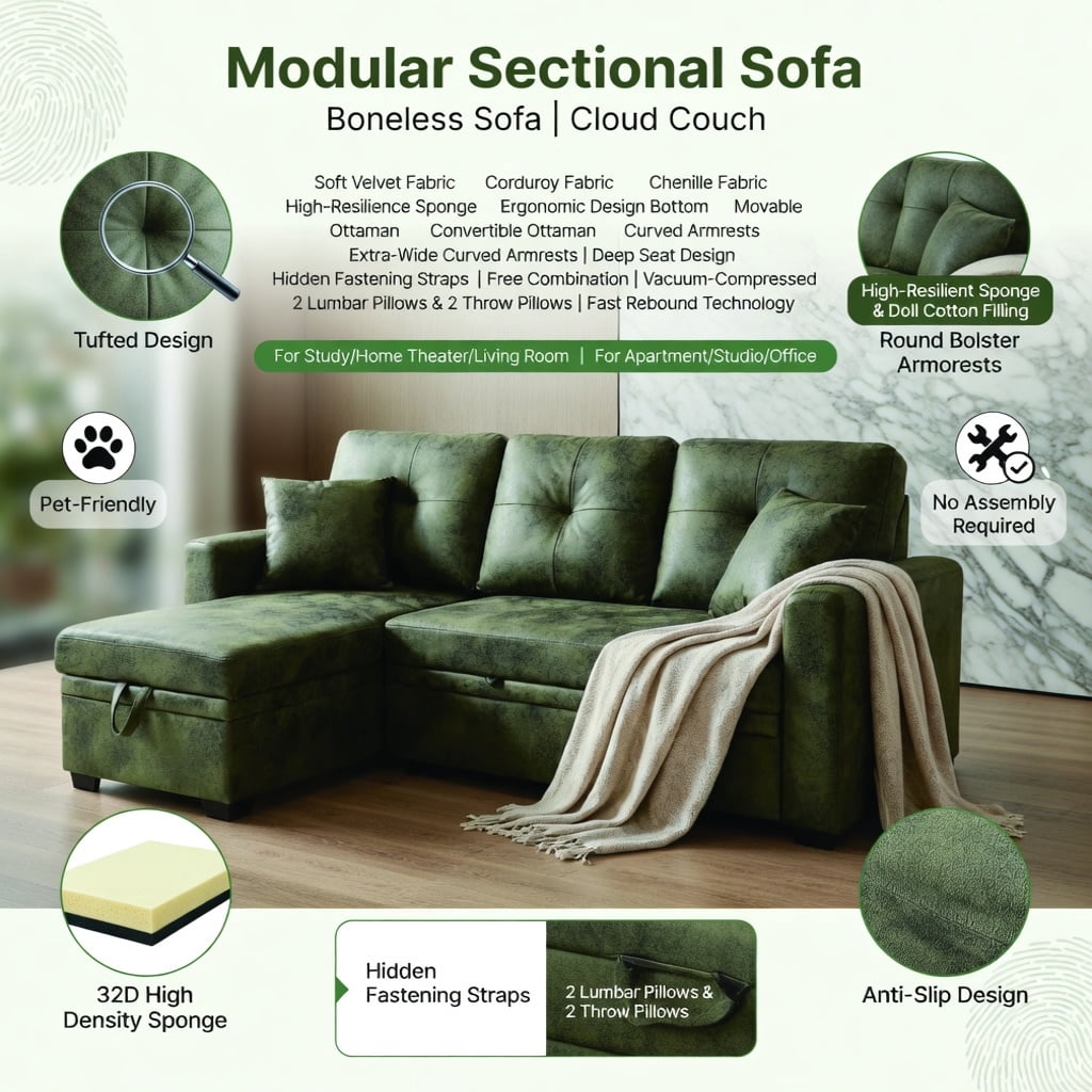 Hommoo L-Shaped Sleeper Sectional Sofa with Pull-Out Bed, Reversible Chaise & Hidden Storage, Convertible Living Room Furniture for Small Spaces, Olive Green