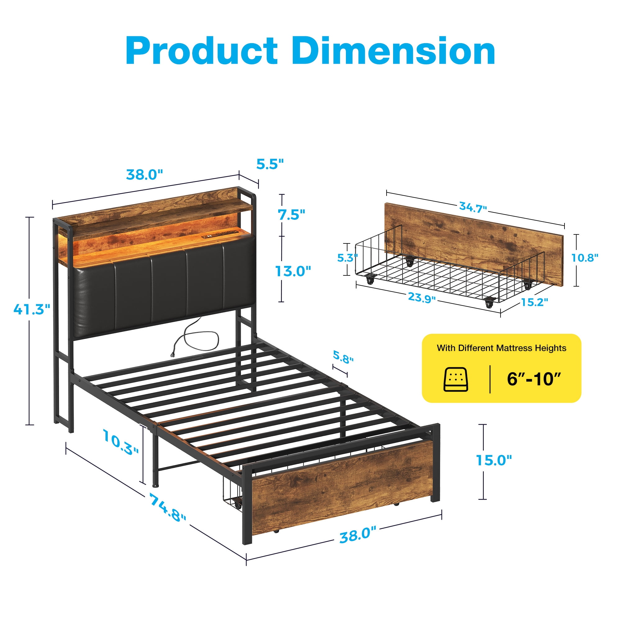 Bed Frame Twin Size with Storage Headboard and Drawer, Upholstered Platform Bed with Charging Station and LED Light, Heavy Duty Frame Support, No Box Spring Needed, Noise Free, Vintage