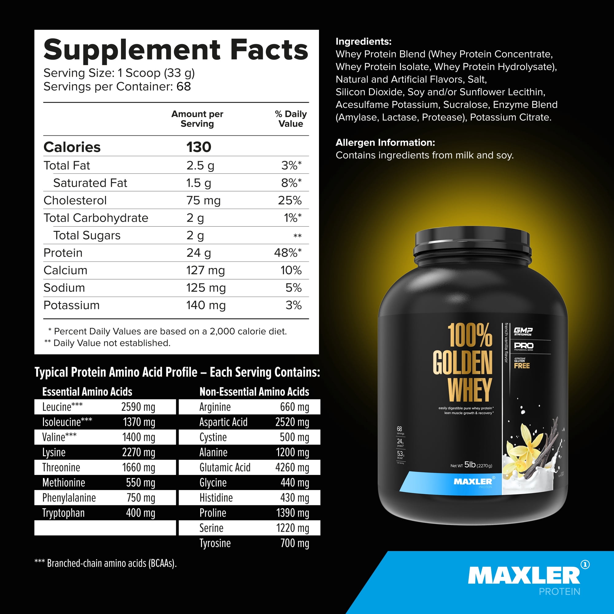 Maxler 100% Golden Whey Protein Powder - French Vanilla 5 lb