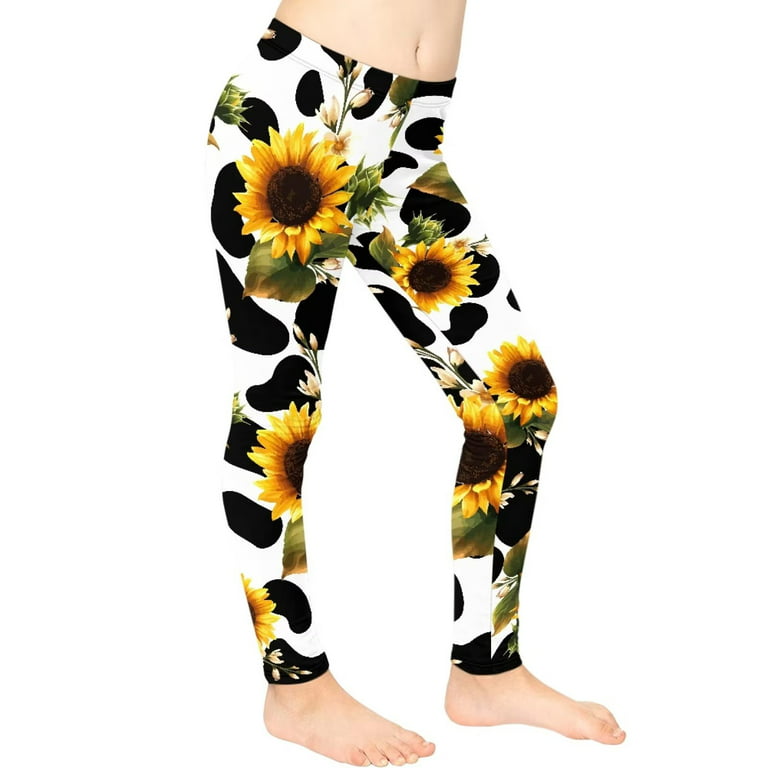 FKELYI Kids Leggings with Sunflower & Cow Print Elastic Daily Life Girls  Yoga Pants High Waisted Soft Party Active Children Tights Size 4-5 Years 