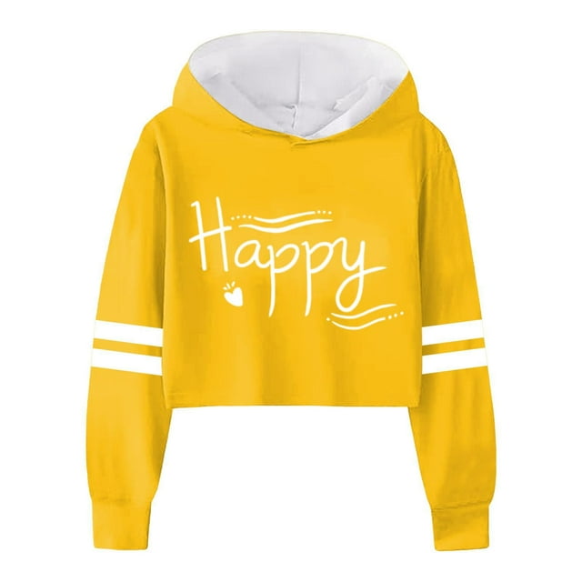 FAOWME Child Girls Long Sleeve Letters Solid Color Crop Sweatshirt Hoodie Pullover Tops For Kids Yellow 13-14 Years