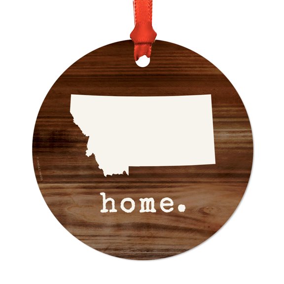 US State Round Metal Christmas Ornament, Rustic Wood Print, Montana, Includes Ribbon and Gift Bag