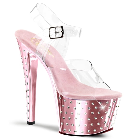 7" Heel, 2 3/4" PF Ankle Strap Sandal - Clr/B. Pink Chrome, 5