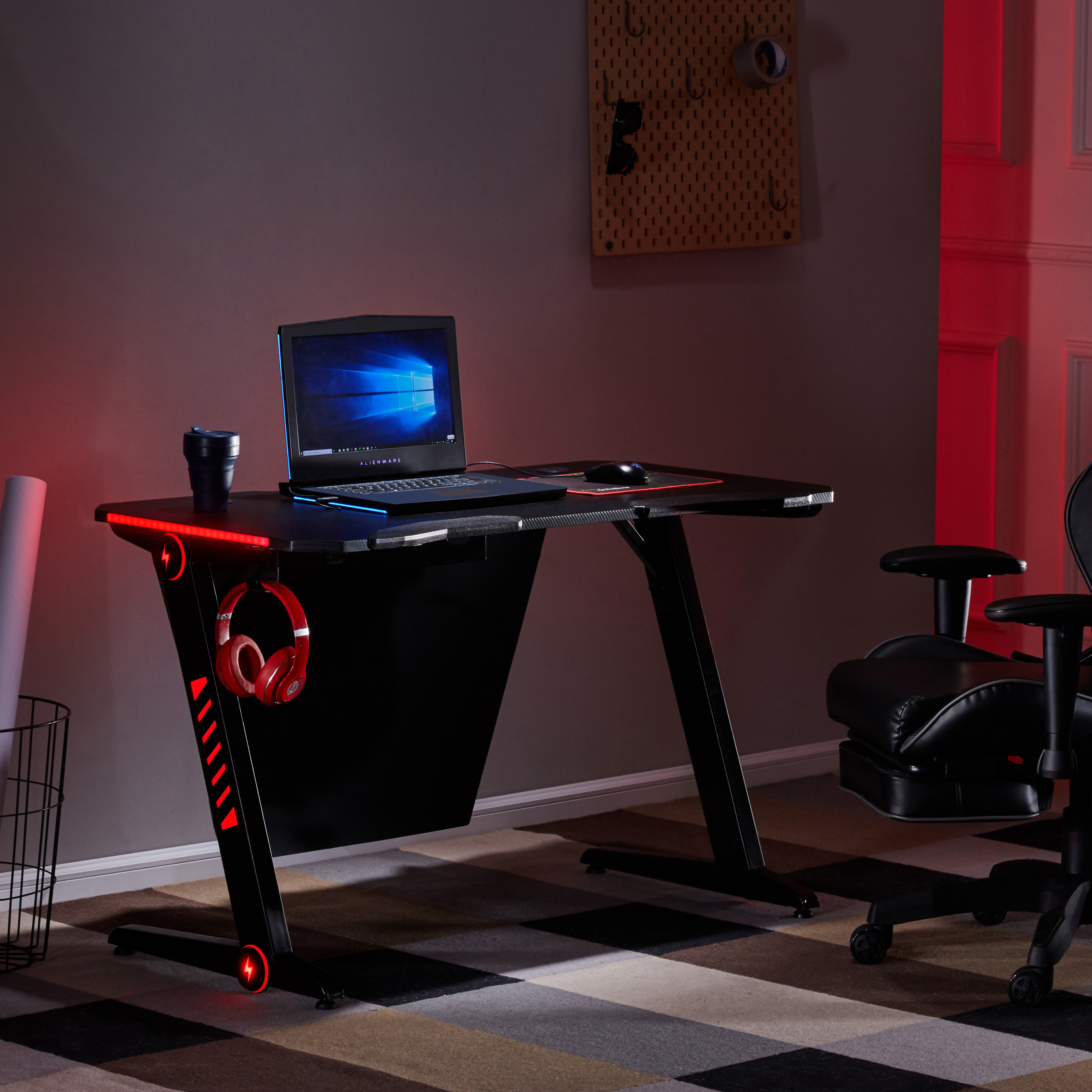 47" Racing Gaming Desk with RGB LED Lights and Headphone Hook,Ergonomic