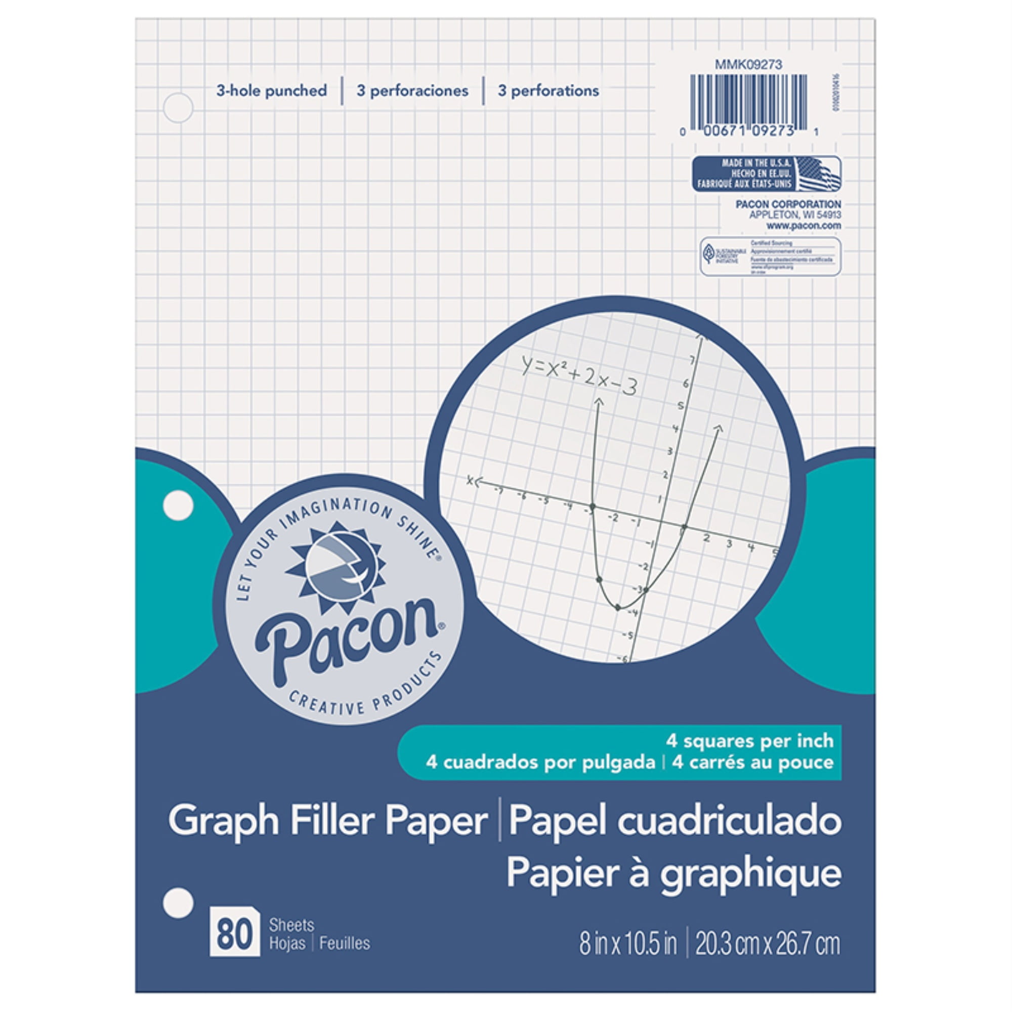 Graphing Paper, White, 3-Hole Punched, 1/4' Quadri