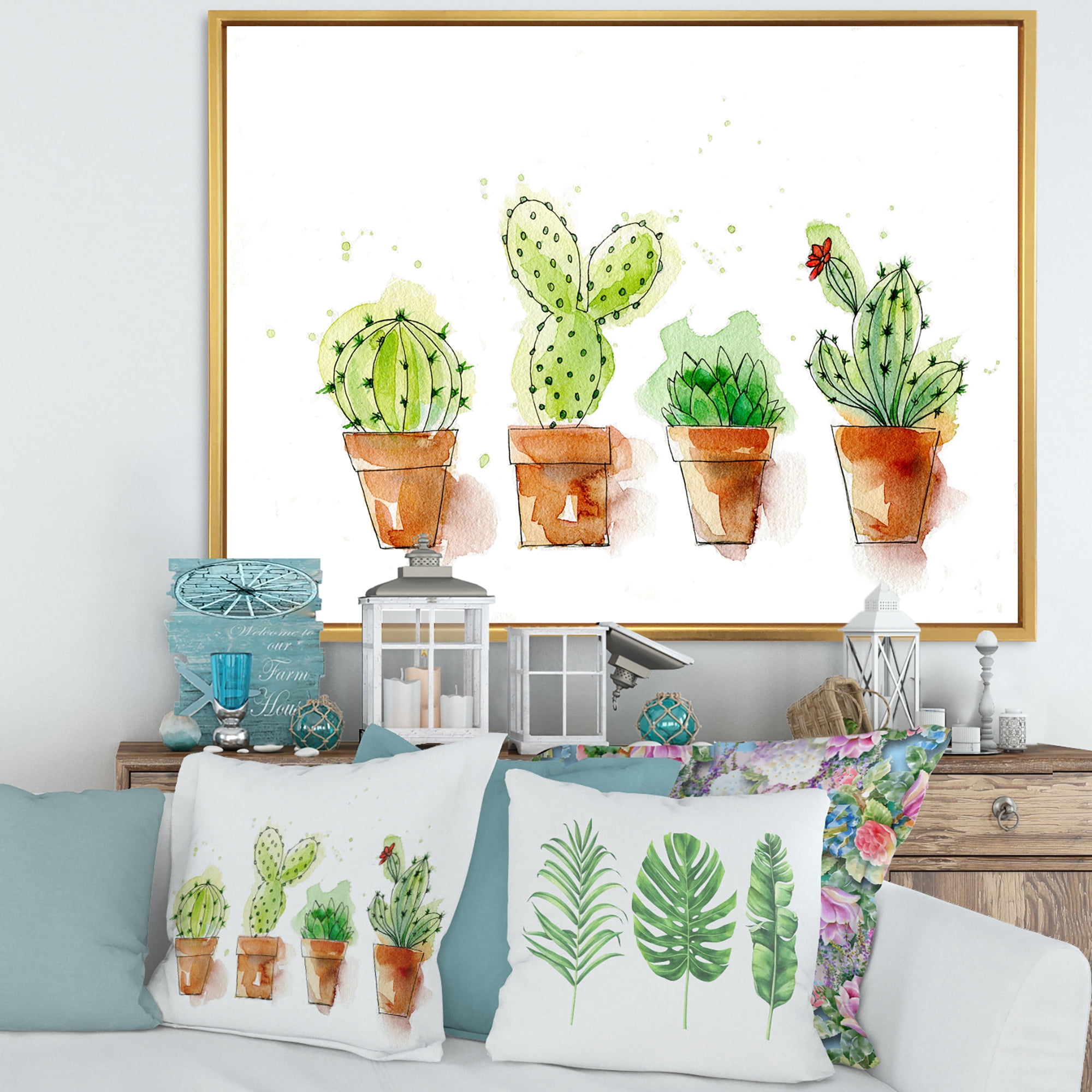Designart 'Cacti In Gentle Tones In Ceramic Pots I' Traditional Framed Canvas Wall Art Print