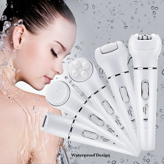 5 in 1 Electric Hair Removal Epilator Lady Shaver Callus Remover Face Cleansing Brush Facial Massager Rechargable Beauty Tool Trimmer Hair to 0.5mm White