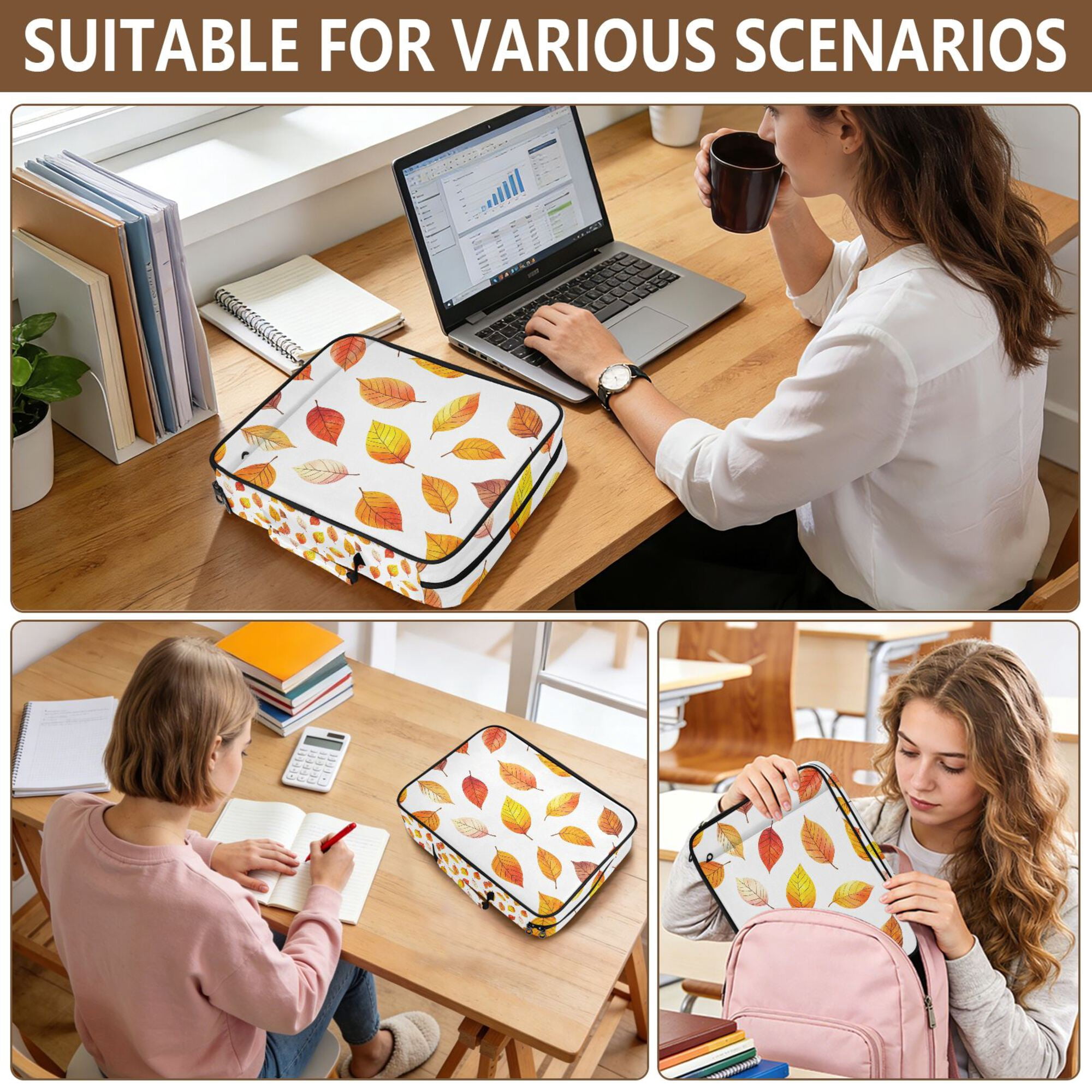 FORMRS Accordion File Folder A4 Size 7-Pocket Expanding Document Organizer Bag with 3 Ring Binder, Orange Leaves