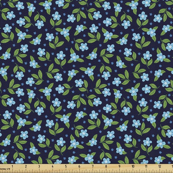 Garden Art Fabric by the Yard Upholstery, Continuing Flora Items Mini Flowers and Leaves Blooming Little Meadow, Decorative Fabric for DIY and Home Accents, Indigo Blue and Green by Ambesonne