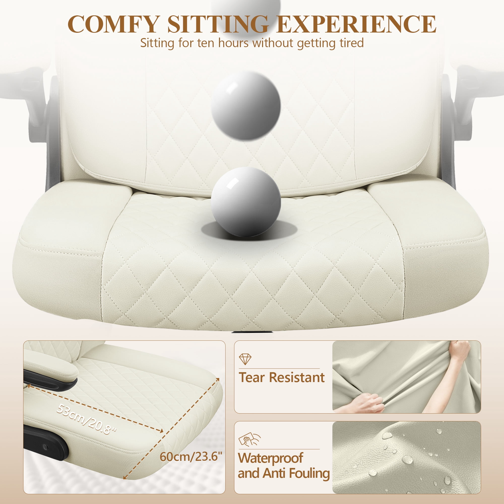 COOLHUT Criss Cross Chair with Flip-Up Arms and Wheels, Moveable Back Cushion Wide Seat Office Desk Chair, Height Adjustable Swivel Cross Legged Chair for Home Office, Study, Vanity, Beige