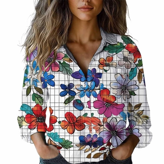 MEICHEN Button Up Shirts for Women Trendy Multicolor Floral Printed Casual Long Sleeve Shirt Vintage Turn Down Collar Blouse Womens Blouses