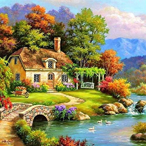 Kit de pintura de diamantes 5D, diseño de cabaña de montaña y paisaje rural, incluye diamantes de imitación, ideal para la decoración de paredes del hogar, tamaño: 30*30 cm.