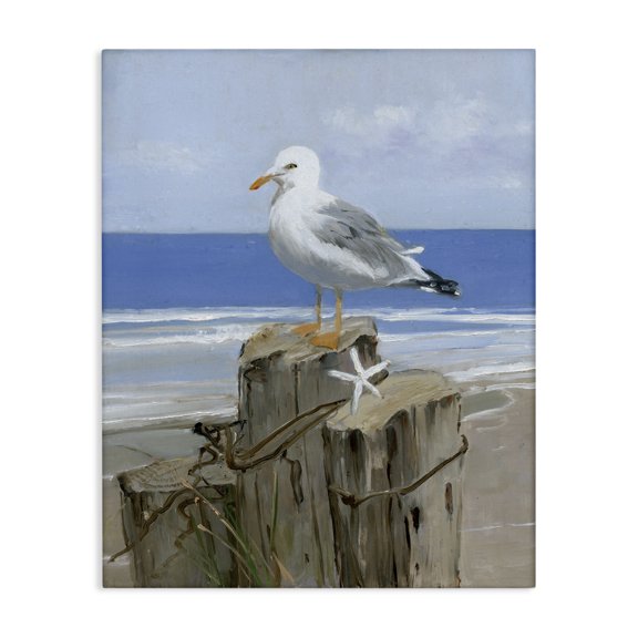 Stupell Industries Traditional Summer Seagull and Starfish Nautical Beach Post Canvas Art, 16 x 20, by Sally Swatland
