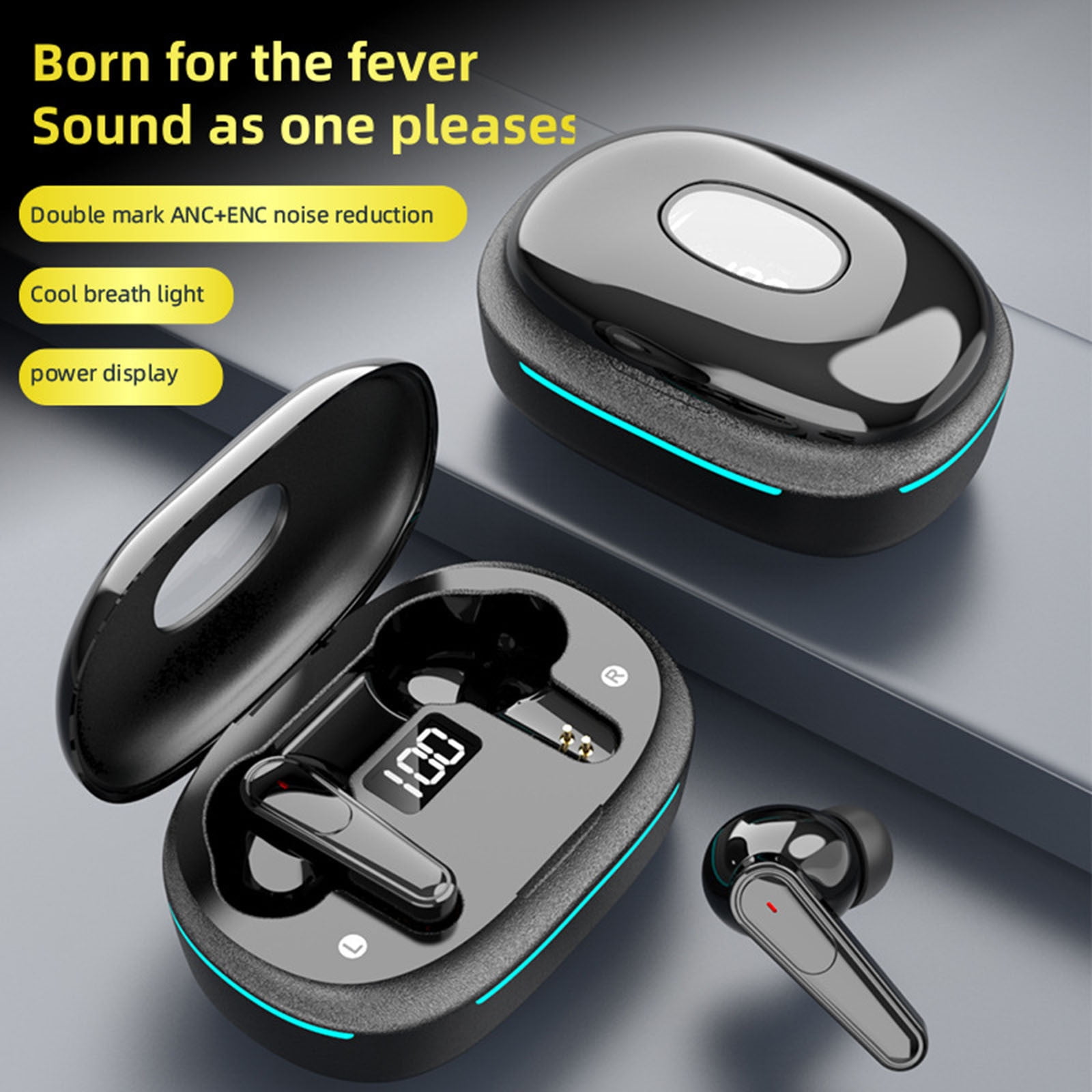 Bluetooth Headphones True Wireless Earbuds 60H Playback LED Power Display Earphones with Wireless Charging Case IPX5 Waterproof in-Ear Earbuds with Mic for TV Smart Phone Laptop Computer Sports,Black