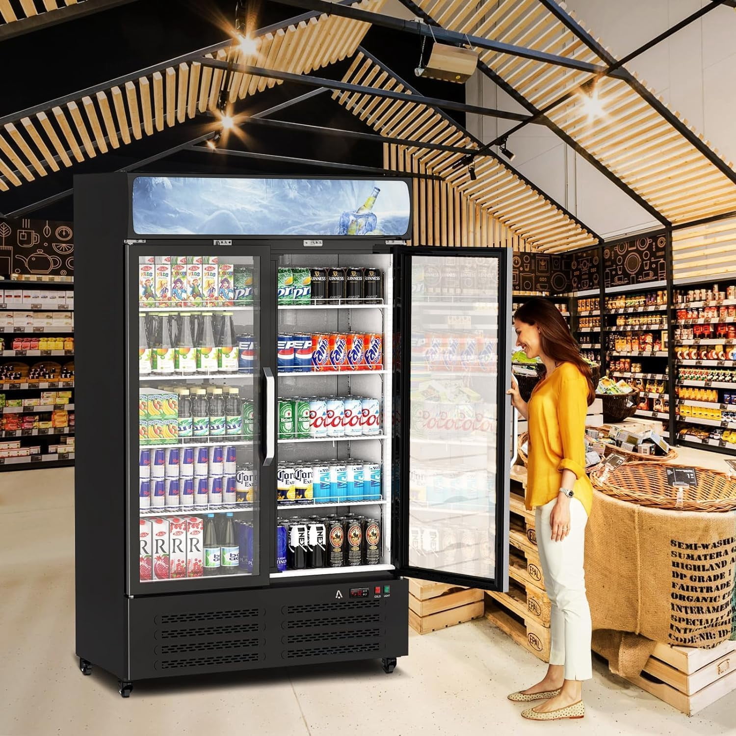 Commercial Merchandiser Refrigerator, 2 Glass Door Display Refrigerator, 25.3 Cu. Ft Upright Beverage Display Cooler with LED Light, Adjustable Shelves