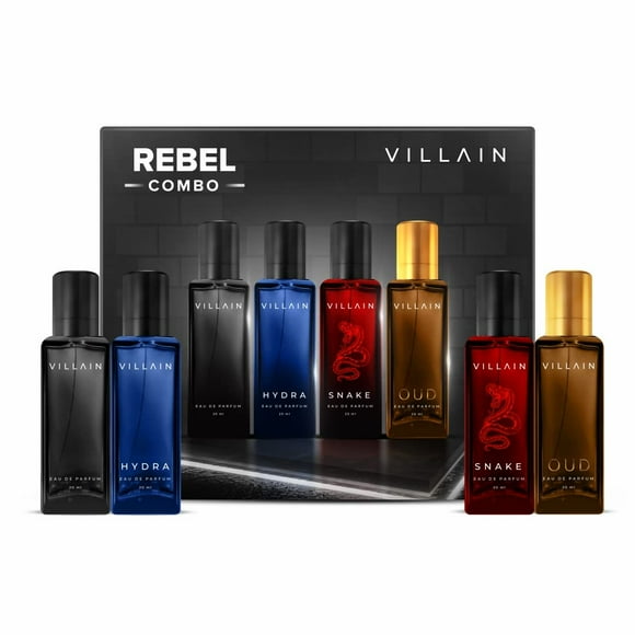 Villain Rebel Luxury Liquid Perfume Combo Gift Set For Men Pack Of 4X 20ml - 0.67 Fl.oz. Each | Black+ Hydra+ Snake+ Oud Fragrances | Long Lasting Fragrance Combo Set For Husband