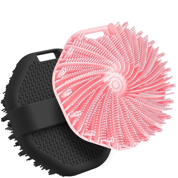 2 PCS Silicone Body Scrubber Shower Brush, Upgrade Super-Exfoliating Shower Scrubber with Non-Slip Hand Strap, Silicone Body Buffer for Use in Shower (Black Pink)