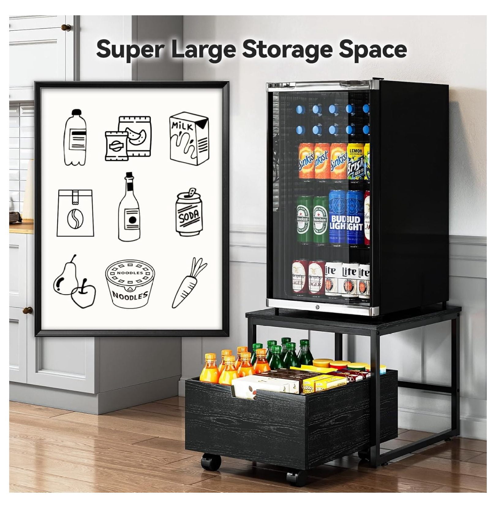 Mini Fridge Stand with Storage, Mini Fridge Stand Table Shelf with Lockable Mobile Wheel, Beverage Compact Refrigerator Stand Storage Cabinet Appliance Platform for Dorm, Apartment,Office