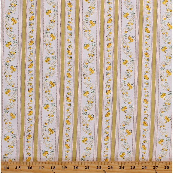 Featherproof Ticking Yellow Floral Stripe Flowers on White 42" Wide Cotton Fabric by the Yard (3505)