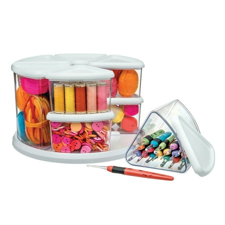 UPC: 0079916016450 | Deflecto Rotating Carousel Craft Storage Organizer 9-Canister Configuration Includes 3 and 6 Canisters Removable Clear White Lids 3901CR