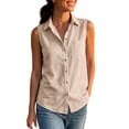 thumbnail image 5 of Women's Sleeveless Button Down Collared V Neck Blouse With Chest Pocket Solid Color Tank Top Casual Summer Work Office Outfits | CSEONE,Beige L, 5 of 9