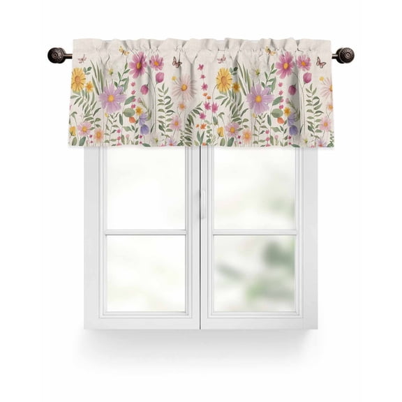 Rustic Watercolor Floral Kitchen Valances for Windows Wild Flowers Pink Yellow Dragonflies Valance Curtains for Kitchen /Living Room/Bedroom/ Bathroom Decor, 42"x12 " ,Rod Pocket 1 Panel,