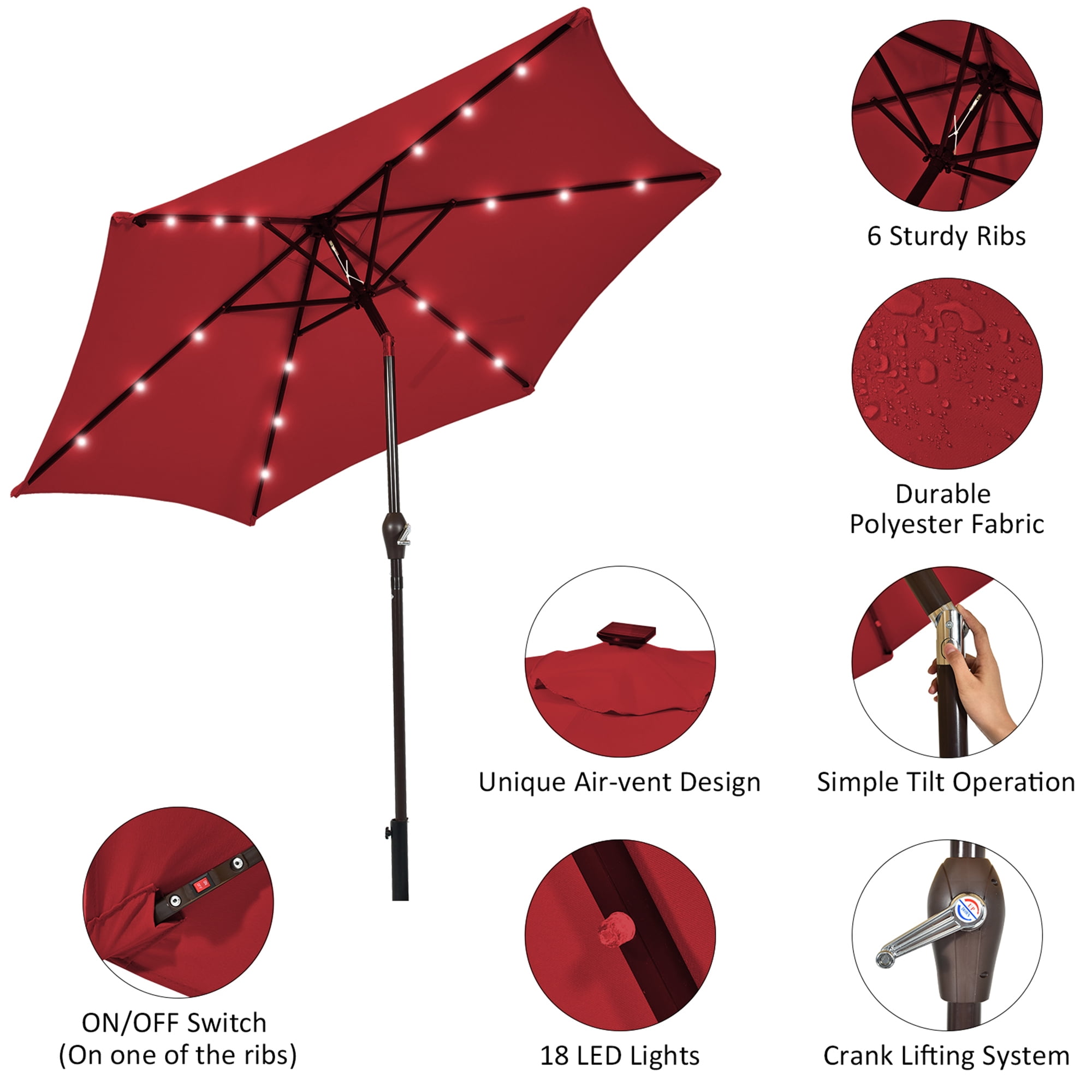 Gymax 9 ft Patio Table Market Umbrella Yard Outdoor w/ Solar LED Lights Burgundy
