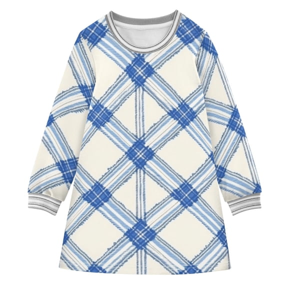 Blue and White Diagonal Plaids Pattern Long-sleeved Dress A-line One-Piece Dress for 2-8 Years Casual Party 2T