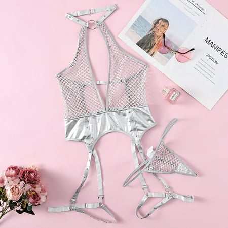 Generic Hot Sale Fishnet Mesh PU Leather Stitching Halter Spaghetti Straps Hollow Backless Sexy Lingerie Women 25290