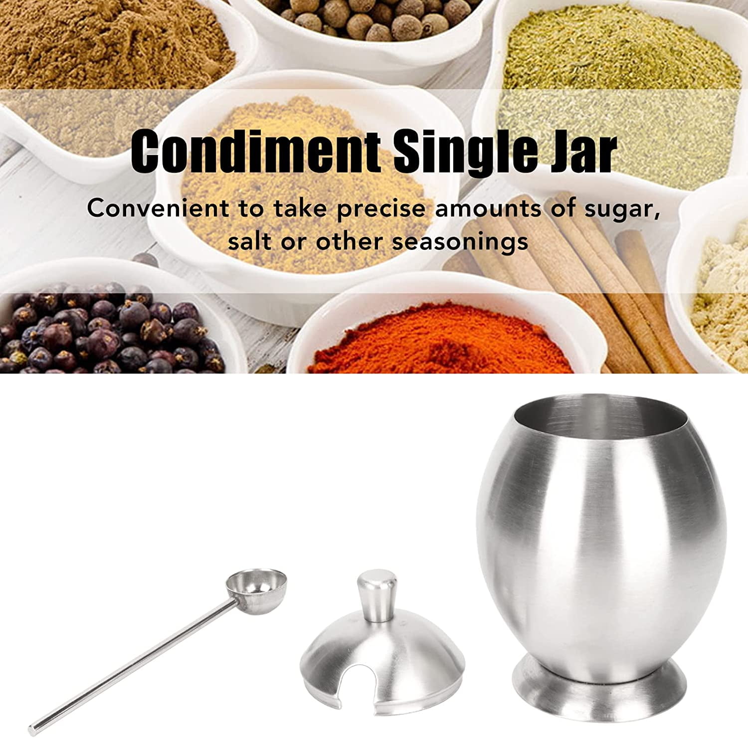 ABCISI Condiment Container, Stainless Steel Egg Shaped Oval Condiment Jar With Spoon, Seasoning Container For Kitchen Resturant
