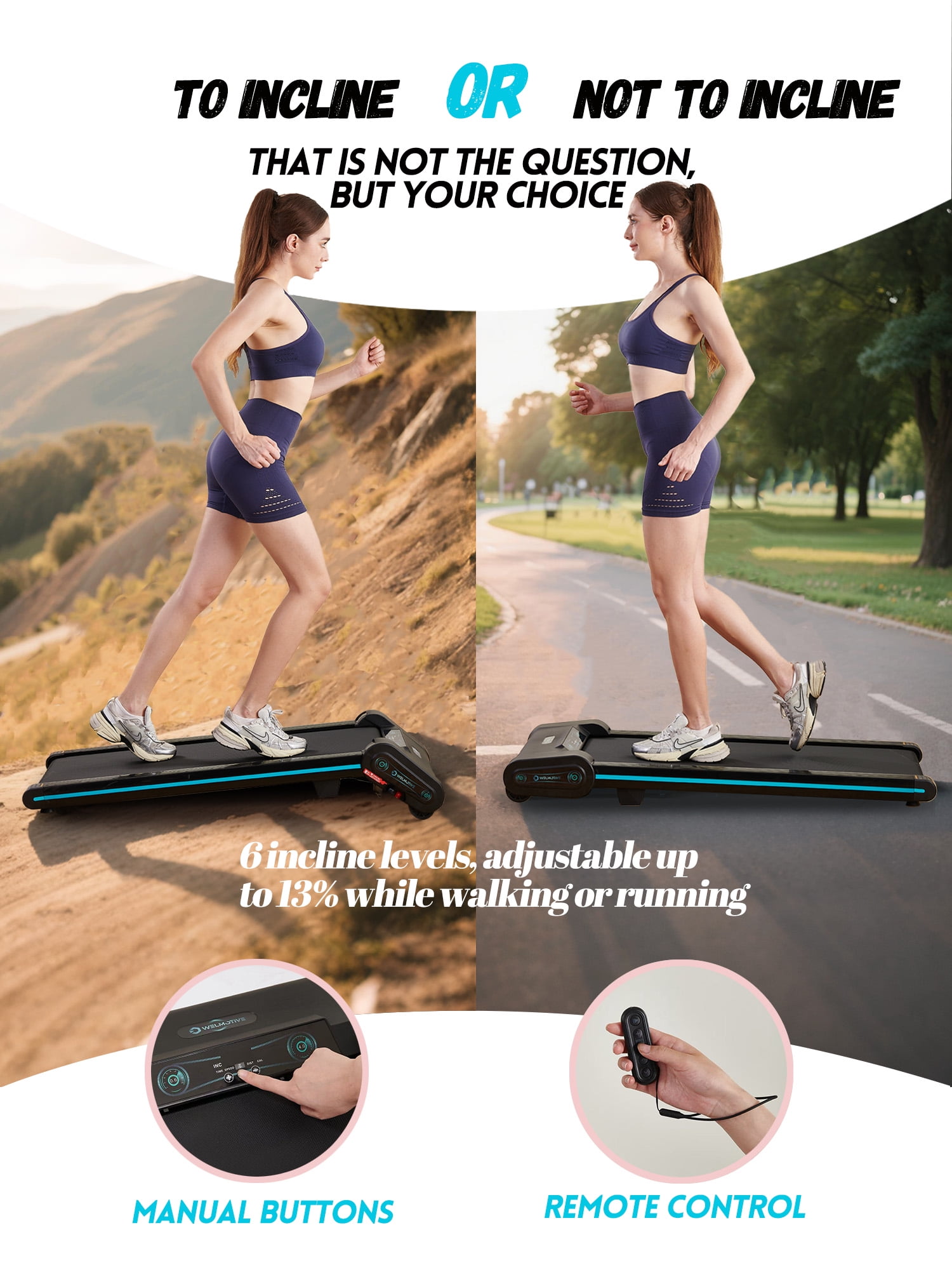 Welmotive Treadmill with Auto Incline Walking Pad Underdesk for Home Office Potable Compact Running Machine Jogging Caminadora para Casa Up to 13% 6 Levels with Remote Control Indoor Fitness Black