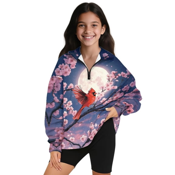 COEQINE Girls Polyester Sweatshirt, Quarter Zip Pullover Long Sleeve Loose Fit T-Shirts, Printed Casual Wear Tees for Kids and Youth 5-6 Years, Cardinal Plum Blossom