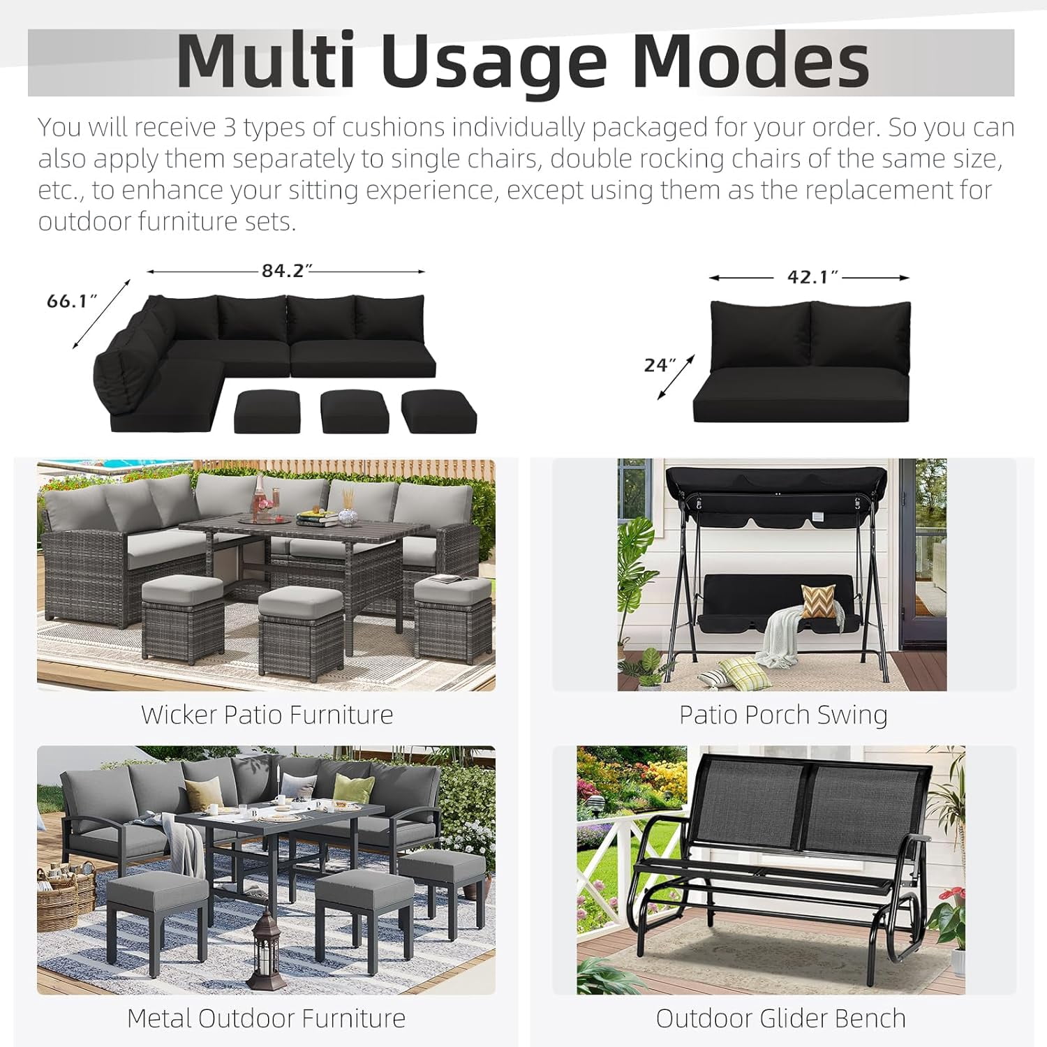 AECOJOY Outdoor Patio Furniture Cushions, 4-Inch Memory Foam Replacement Cushions for 7-Seat Sectional Wicker Conversation Set, Black