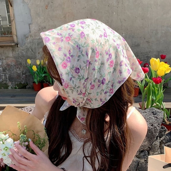 ERDOUY elegant and personalized scarf, rural art cotton and linen small square scarf, spring and autumn matching shirt, summer sun shading and sunscreen headband scarf (pink white)